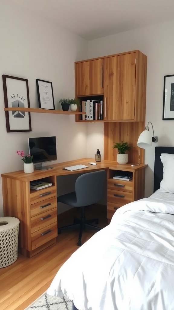 Compact wooden desk with storage in a small bedroom