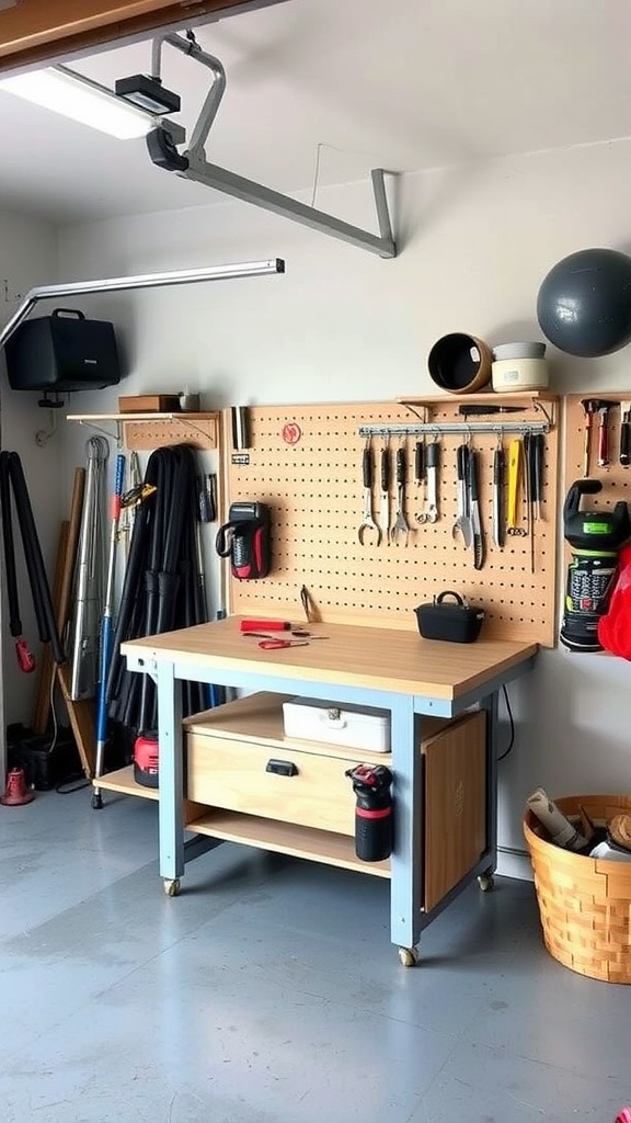 A compact folding workbench in a garage with tools organized on a pegboard.