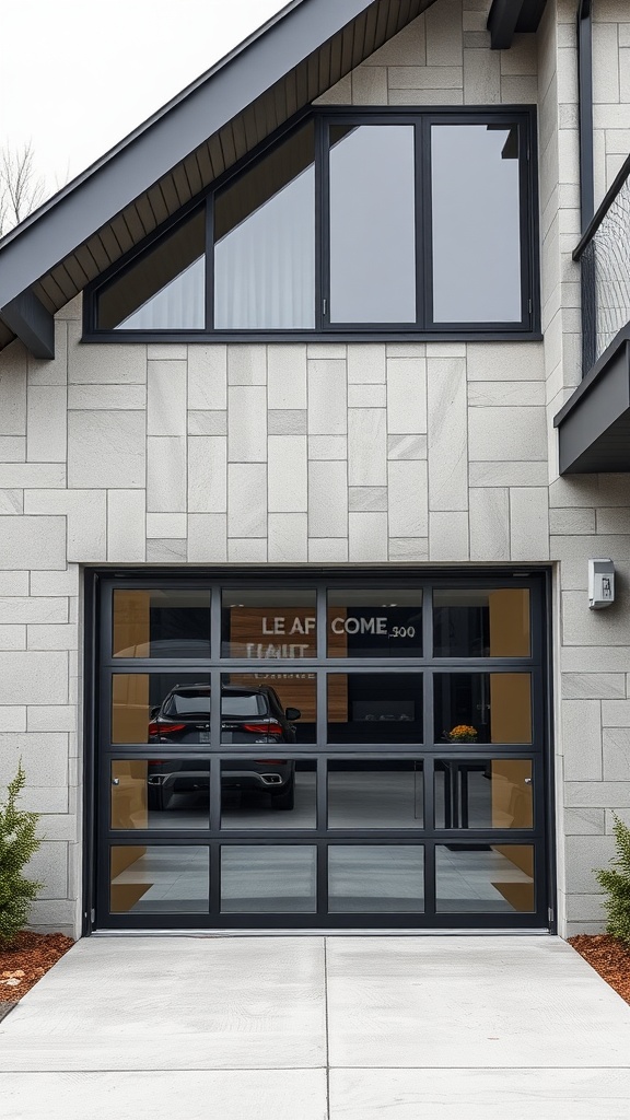 A modern garage door made of glass and steel, showing a sleek design with large glass panels framed in black steel.