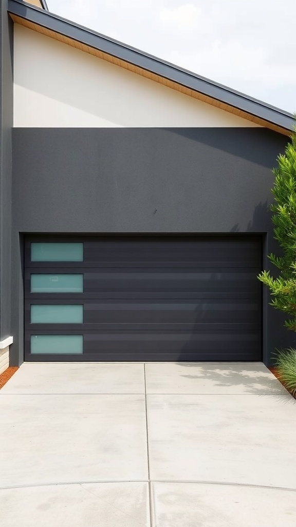 A contemporary horizontal slat garage door with dark finish and glass panels.