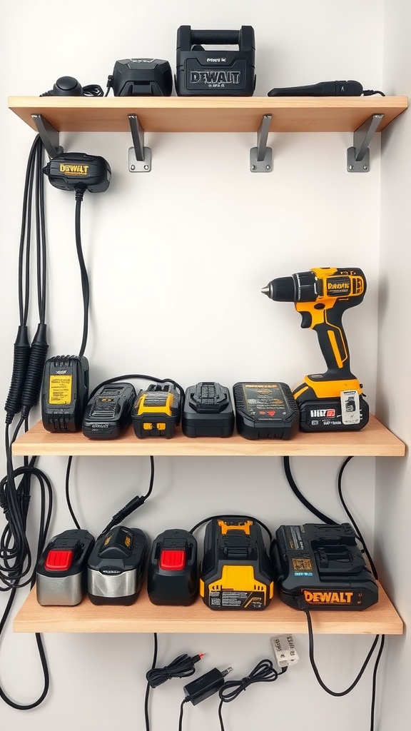 Organized cordless tool charging station with multiple chargers and battery packs on shelves.