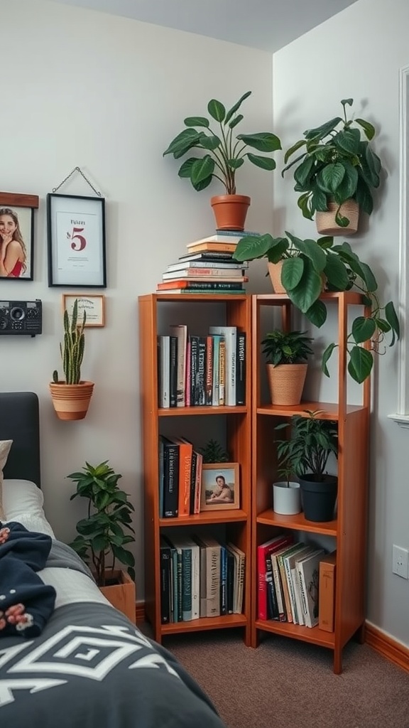 A cozy dorm room corner with a wooden shelving unit filled with books and plants.