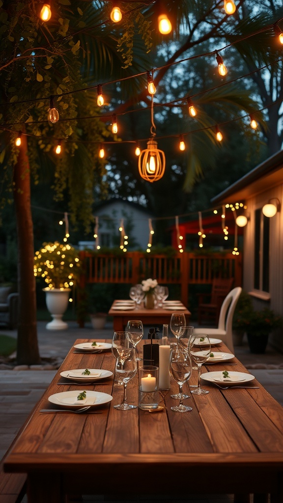 A cozy outdoor dining area with a wooden table set for dinner, illuminated by warm string lights.