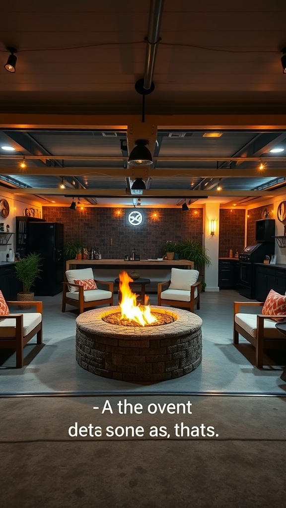 Cozy fire pit corner in a garage lounge with comfortable seating and warm lighting