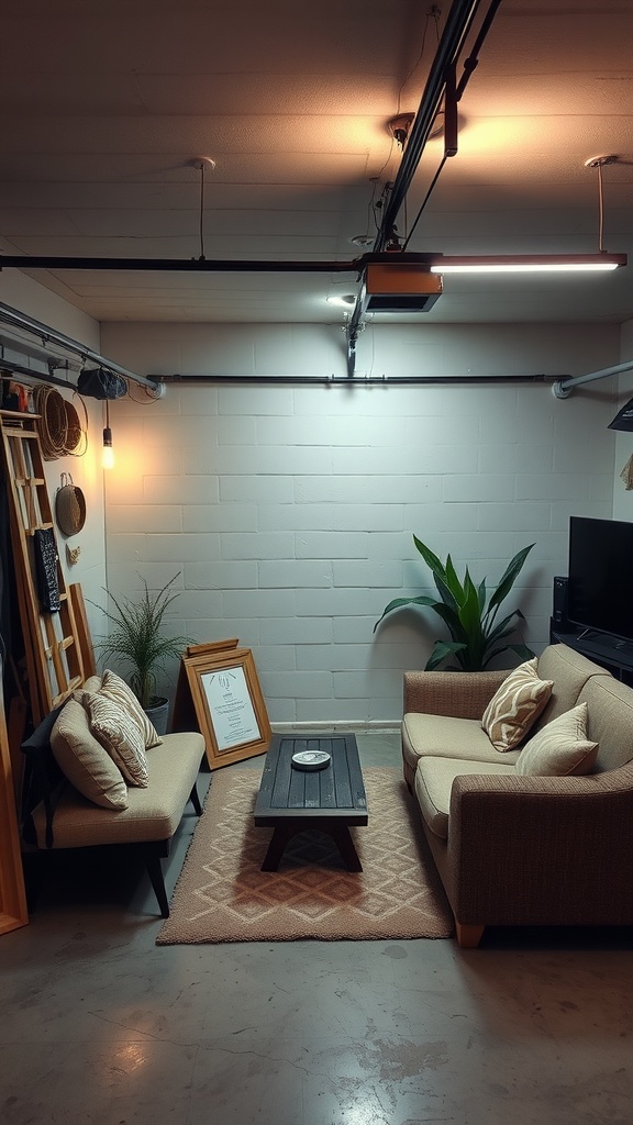 A cozy garage lounge area with two sofas, a coffee table, and ambient lighting.