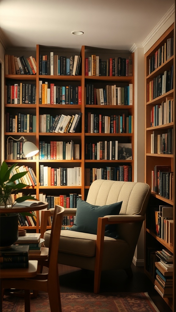 A cozy reading nook with bookshelves filled with books, a comfortable chair, and a soft lamp.