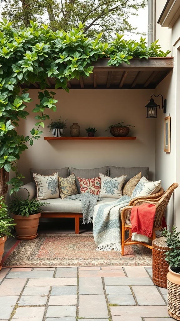 A cozy seating nook with a sofa, cushions, and plants in a backyard setting.