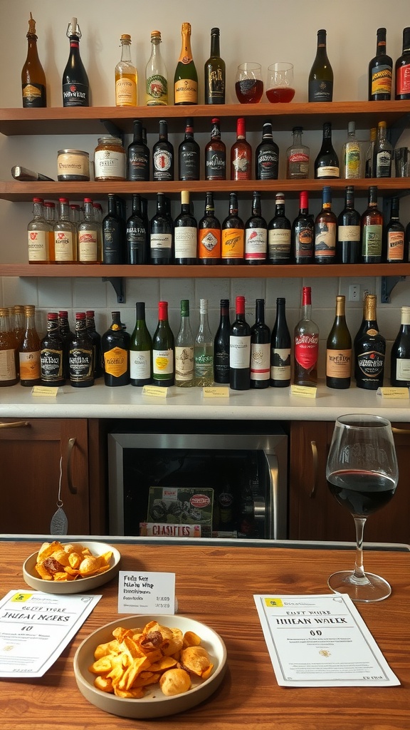 Home bar featuring an array of craft beers and wines with snacks on the counter