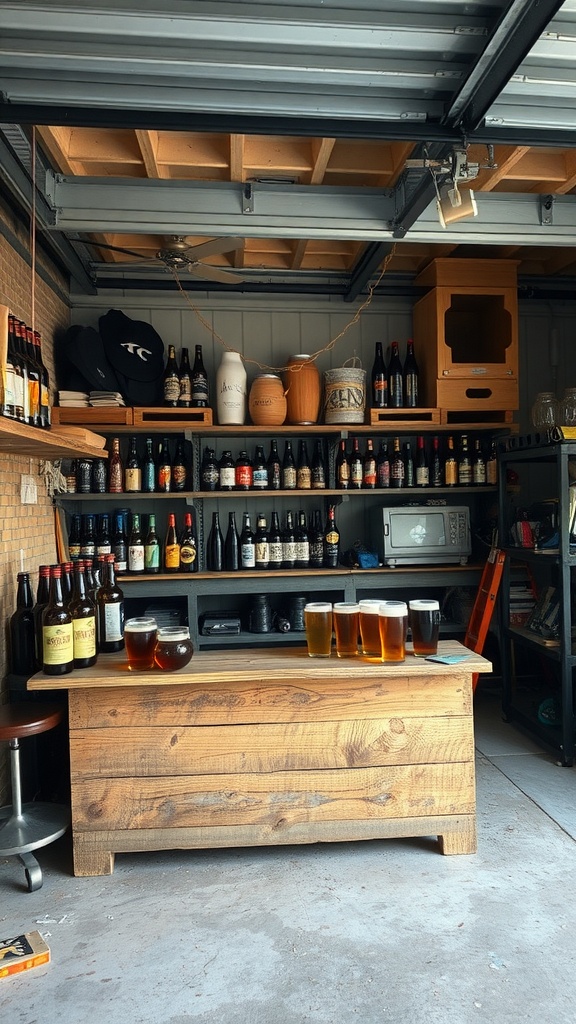 A garage with a wooden table displaying various beers, surrounded by beer bottles on shelves.