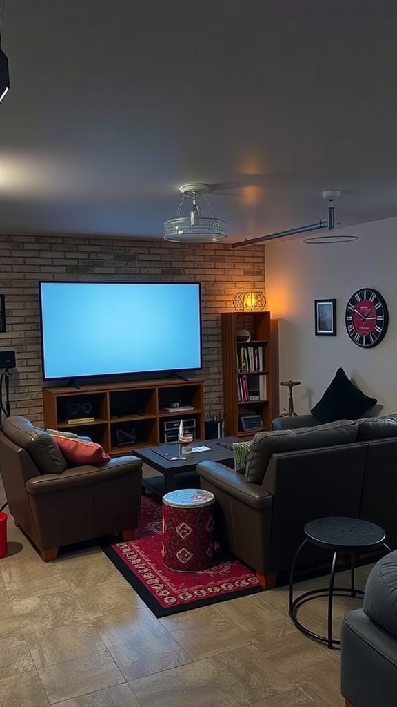 Cozy garage entertainment area with sofas, TV, and decorative elements.