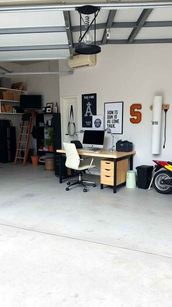 Stylish home office setup in a garage with desk, chair, and wall decor.