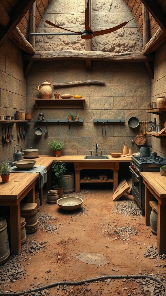 An outdoor multi-zone kitchen featuring wooden tables, stone walls, and a cozy atmosphere.