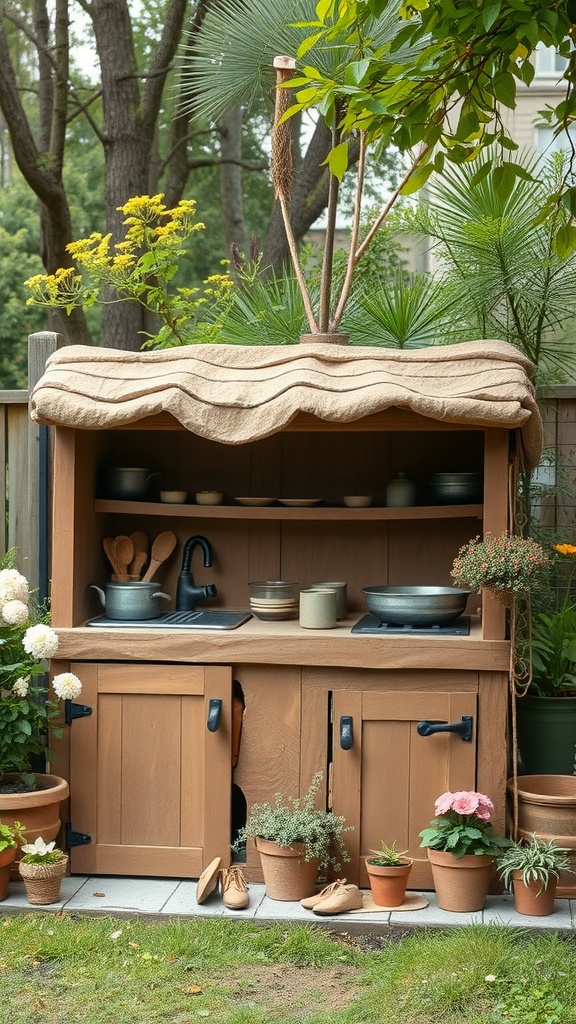 A wooden mud kitchen with pots and plants, surrounded by greenery.