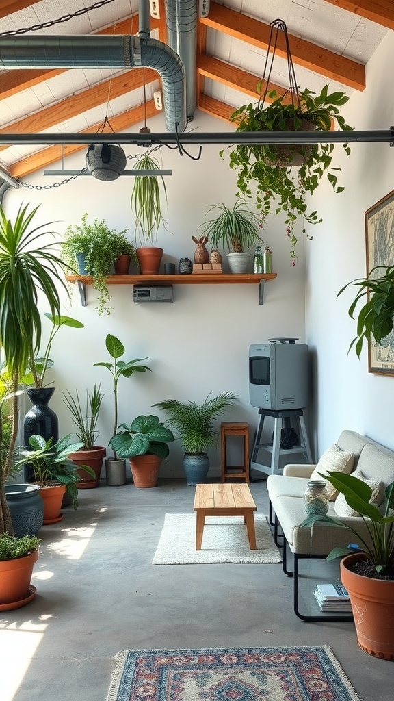 Indoor garden space with various potted plants, a coffee table, and natural light.