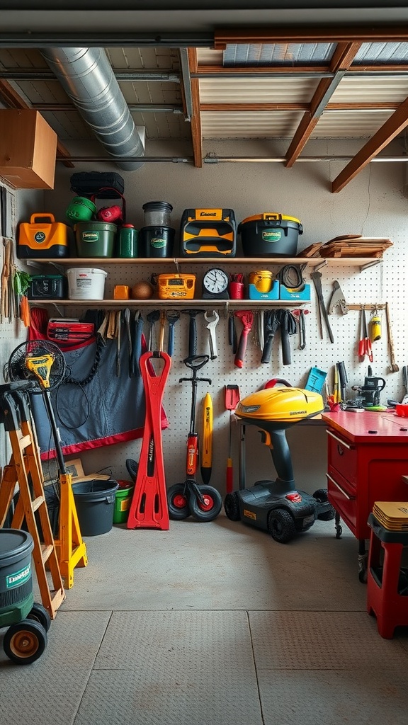 A well-organized garage showing various tools and storage options.