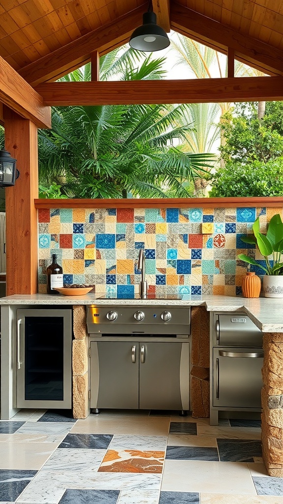 A colorful, mosaic-style backsplash in an outdoor kitchen with lush greenery in the background.