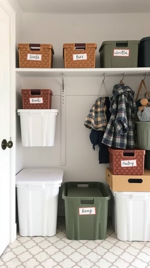 Organized mudroom with labeled storage bins on shelves