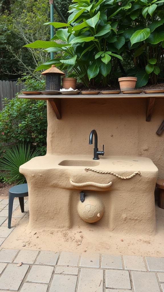 A rustic outdoor sink made of earthy materials, set in a garden with plants and a shelf.