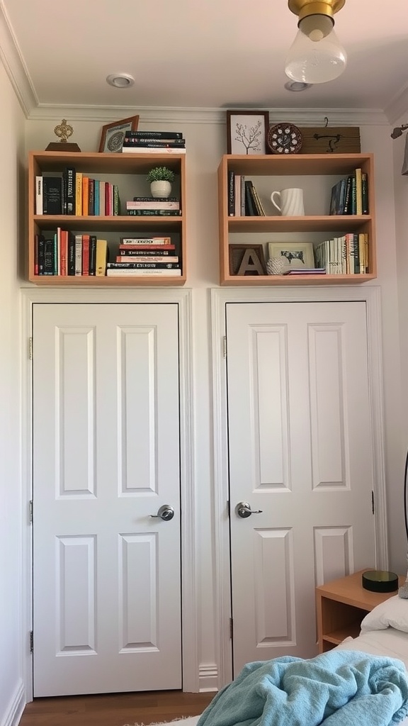 Shelves above doors with books and decorative items.