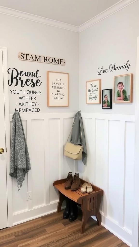 A cozy mudroom featuring creative wall art, family photos, and a wooden bench with shoes.