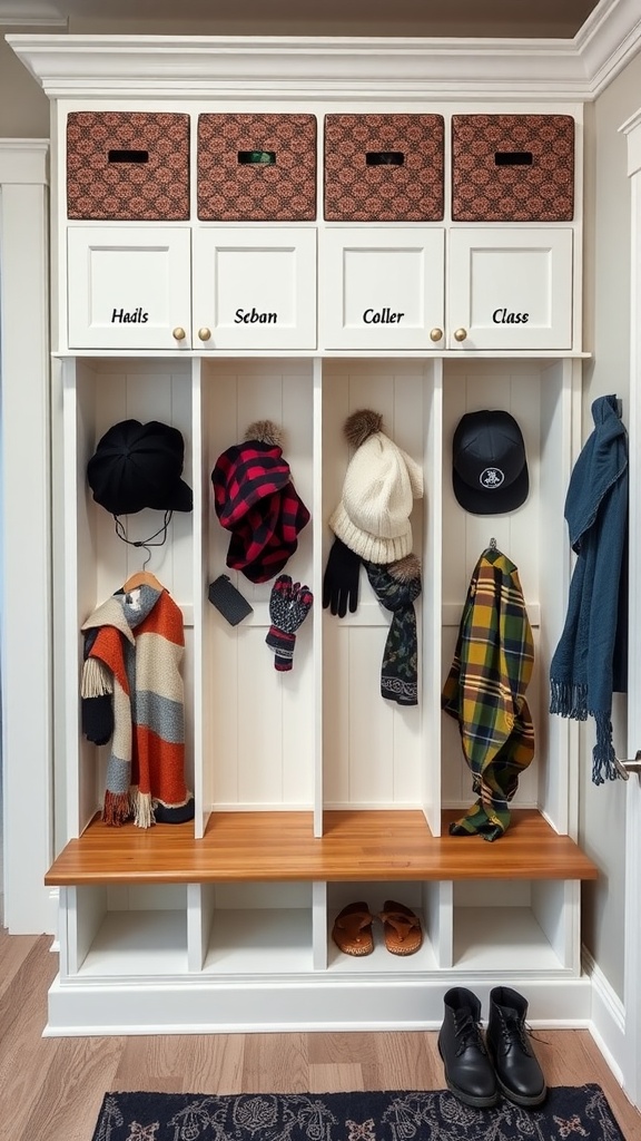 Mudroom with cubbies for organization featuring labeled boxes and hooks for hats and scarves