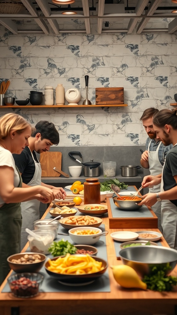 Group of people cooking together in a kitchen workspace with various ingredients on the table.