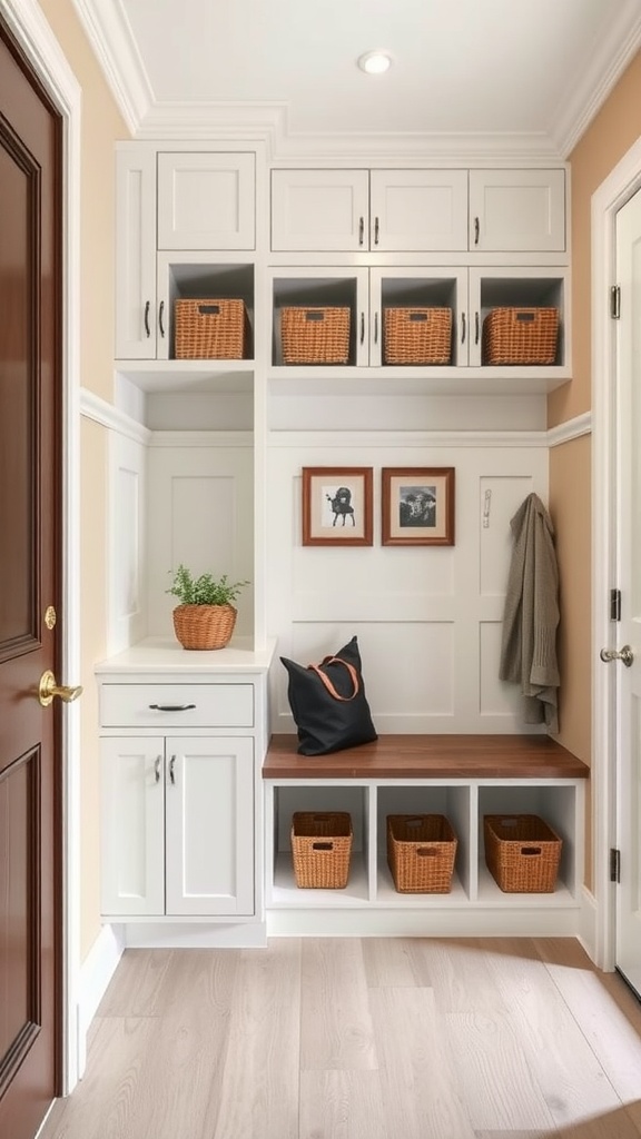 Small mudroom with custom built-ins, featuring storage baskets and a bench.
