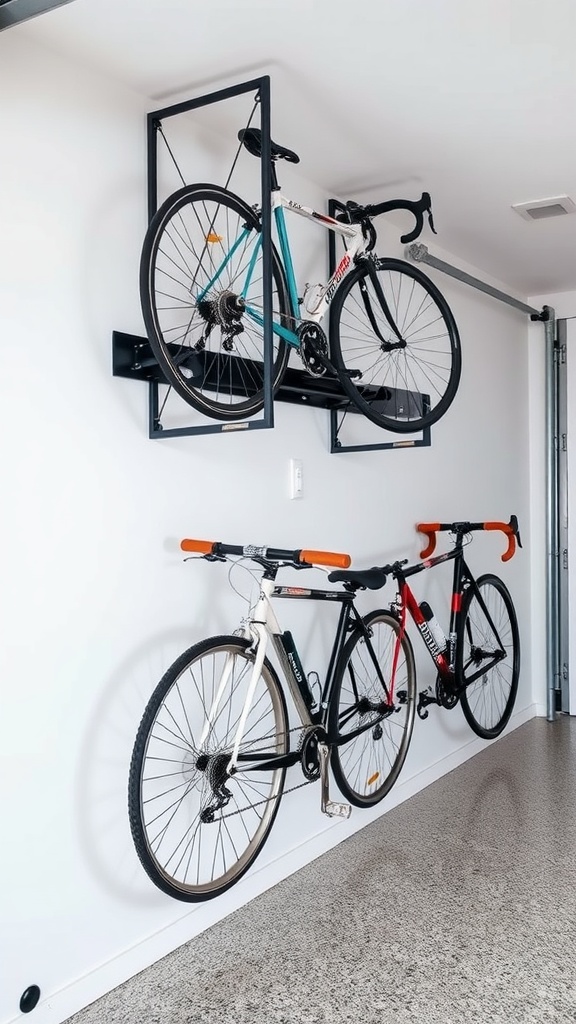 Customized bike rack display with two bikes mounted on the wall, showcasing a modern design.