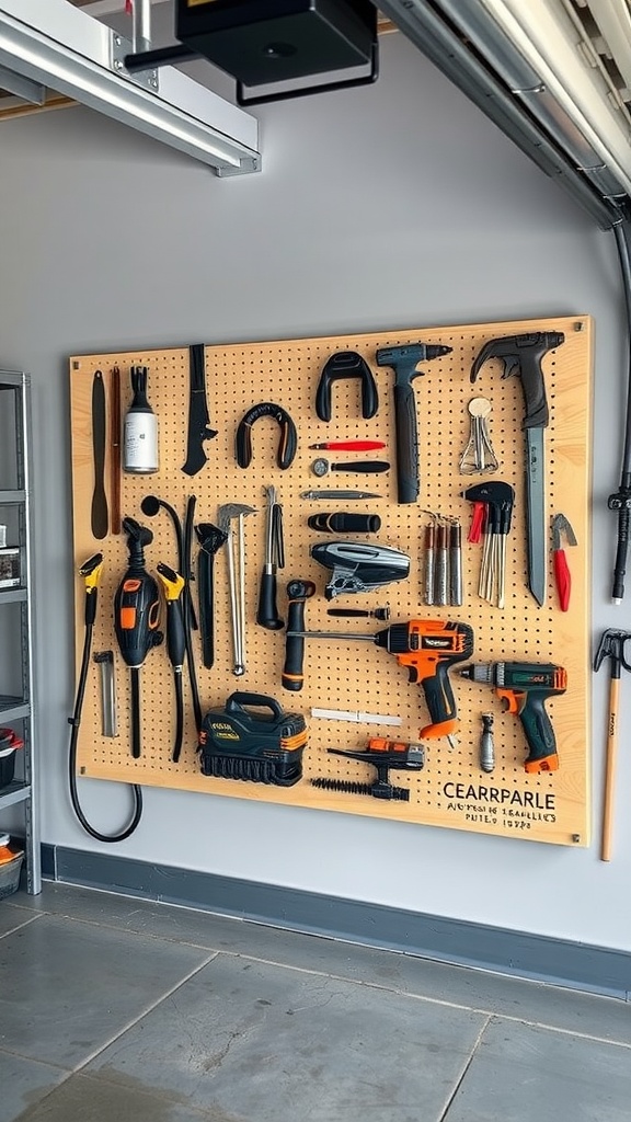 A pegboard tool panel displayed in a garage with various tools organized neatly.