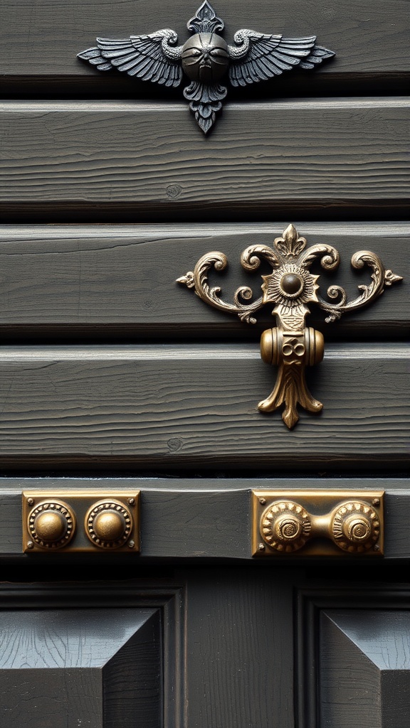 Decorative hardware on a garage door, featuring an ornate knocker and elegant designs.