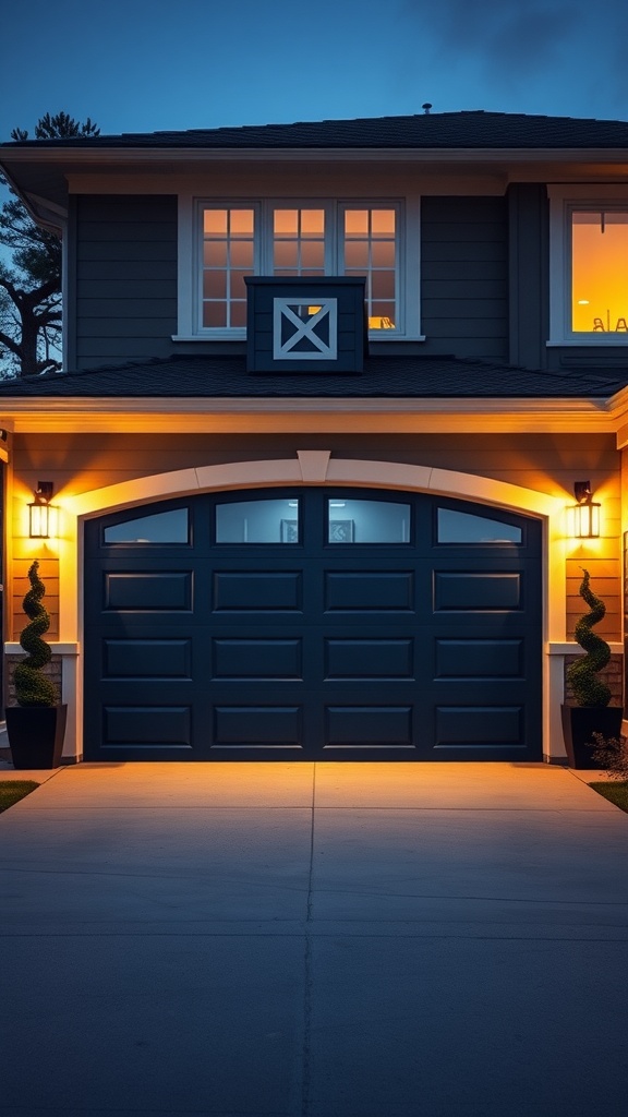 A deep navy garage door featuring a modern design, illuminated by soft exterior lights, creating a luxurious look.