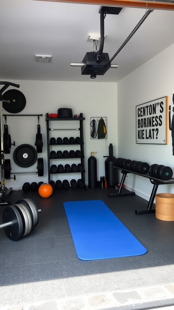 A functional workout space in a garage featuring weights, a mat, and motivational decor.