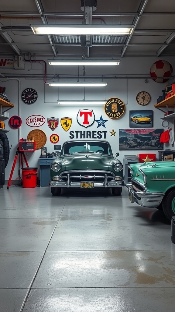 A garage displaying vintage cars with memorabilia on the walls.