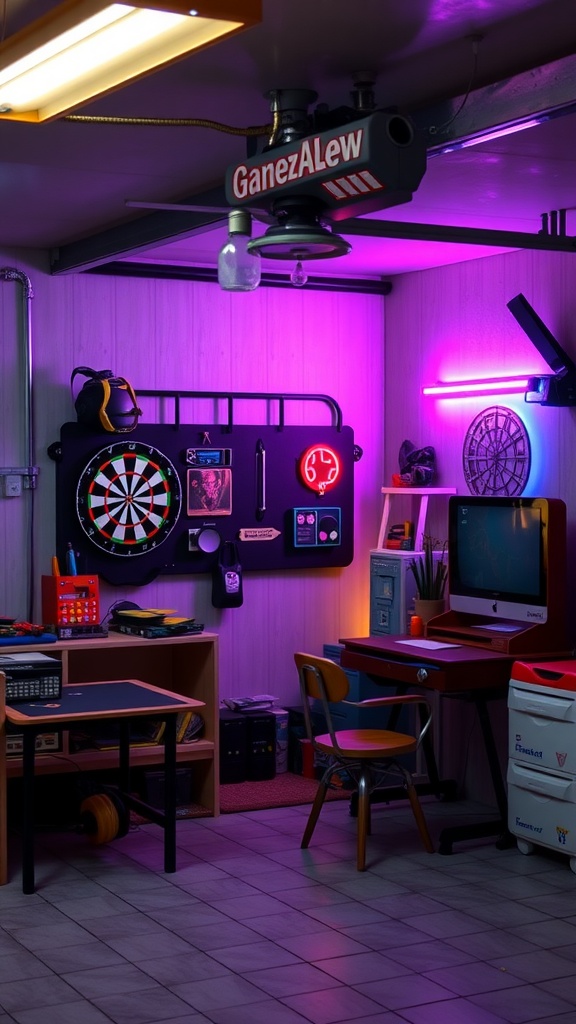A colorful DIY game station in a garage with neon lights, a dartboard, and gaming setup.