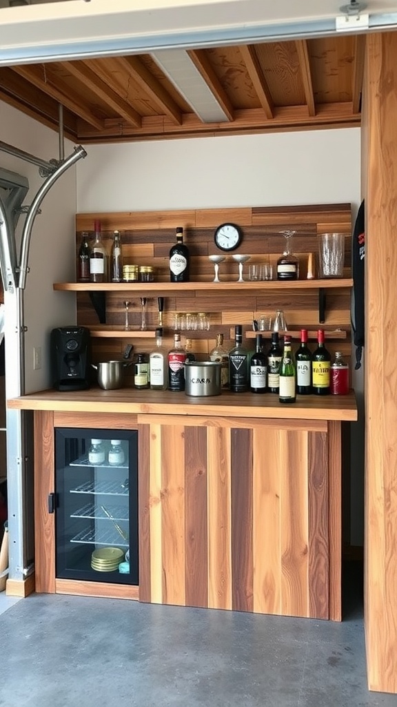 A mini bar made of reclaimed wood, featuring shelves with bottles and glasses, a clock, and an under-counter fridge.