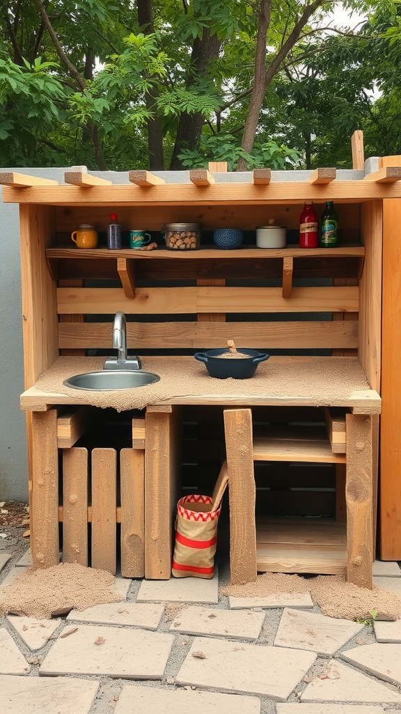 DIY mud kitchen made from pallets, featuring sink, shelves, and pretend cooking items.