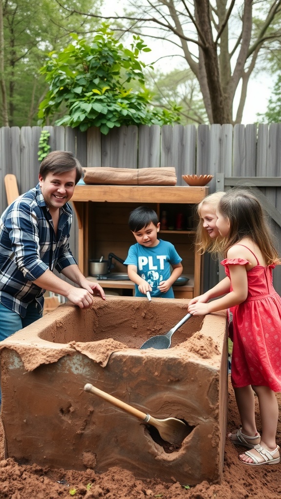 Family enjoying time together at a DIY mud kitchen, with children playing in the mud and a parent assisting.