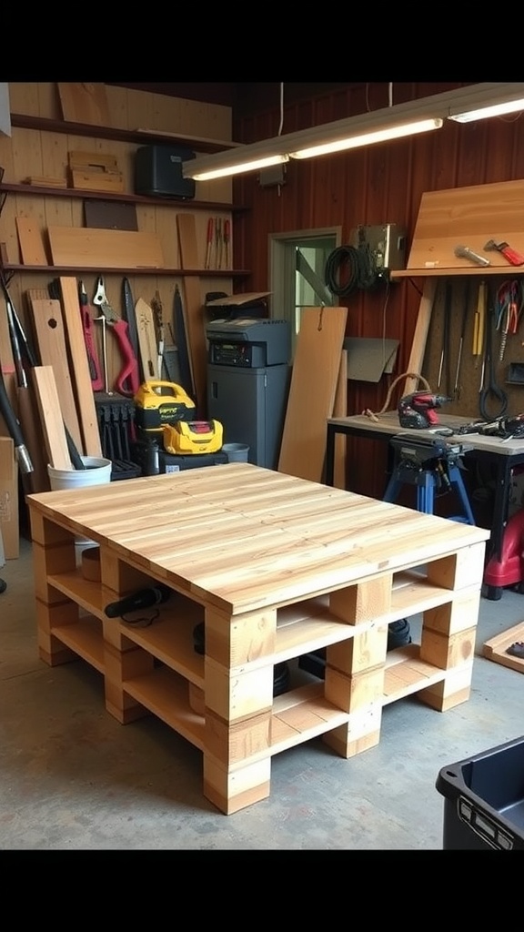 A DIY pallet wood workbench with open shelves and a clean design, set in a garage environment.