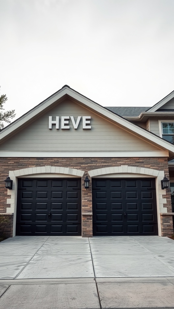A beautiful home with double black garage doors and stone accents.