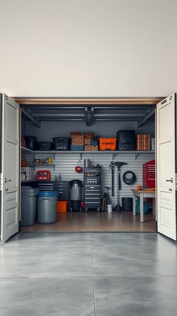 A double garage door showcasing an organized garage interior with various storage solutions.