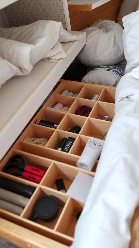 Organized drawer with wooden dividers separating various items