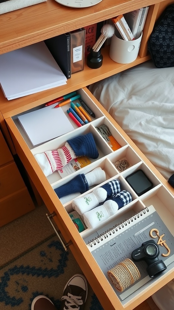 Organized drawer with dividers for socks and stationery