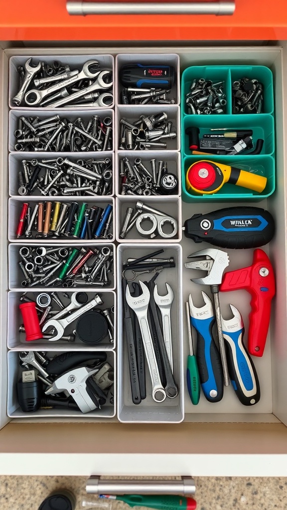 A well-organized drawer filled with small tools, including wrenches and screwdrivers, arranged in compartments.