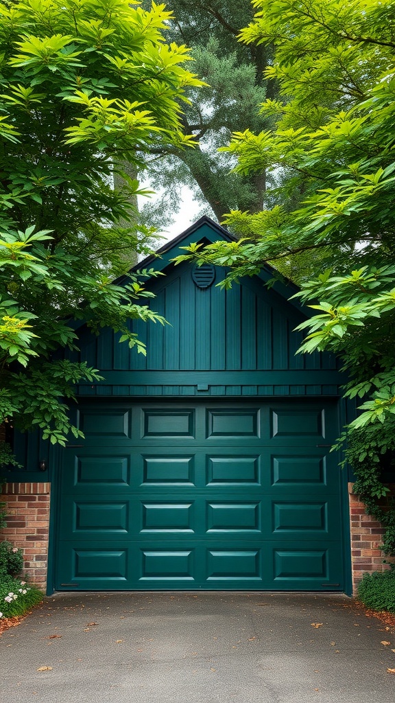An earthy green garage door surrounded by lush greenery