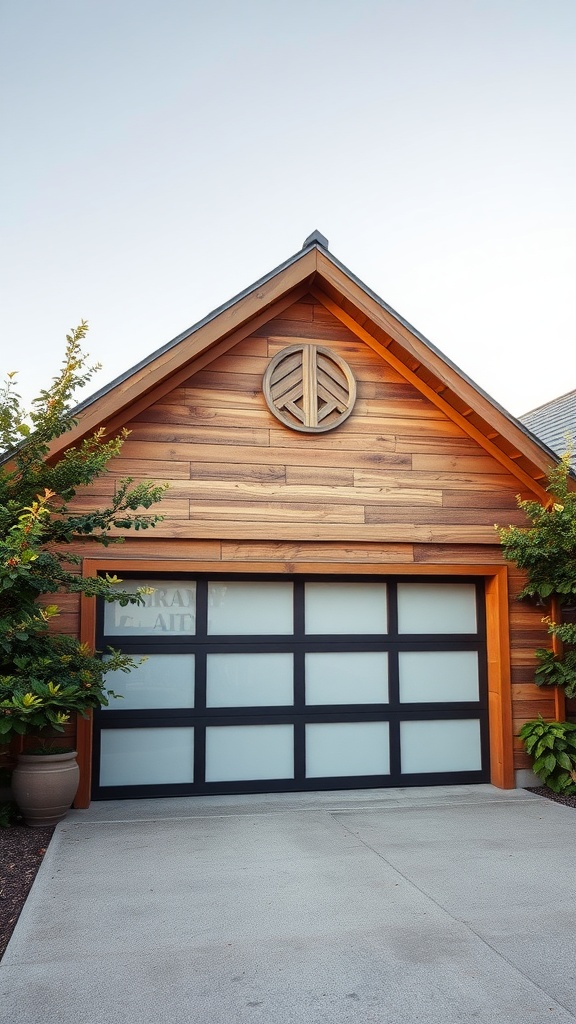 A modern garage door made of eco-friendly composite materials, featuring a wooden pattern with a sleek design.