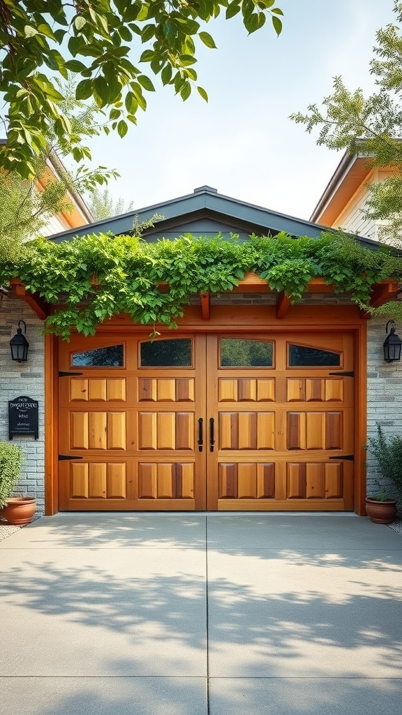 Eco-friendly wooden garage door surrounded by greenery
