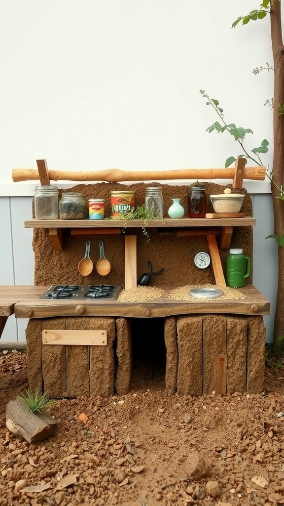 A rustic mud kitchen for kids made from natural materials, featuring wooden shelves and jars.