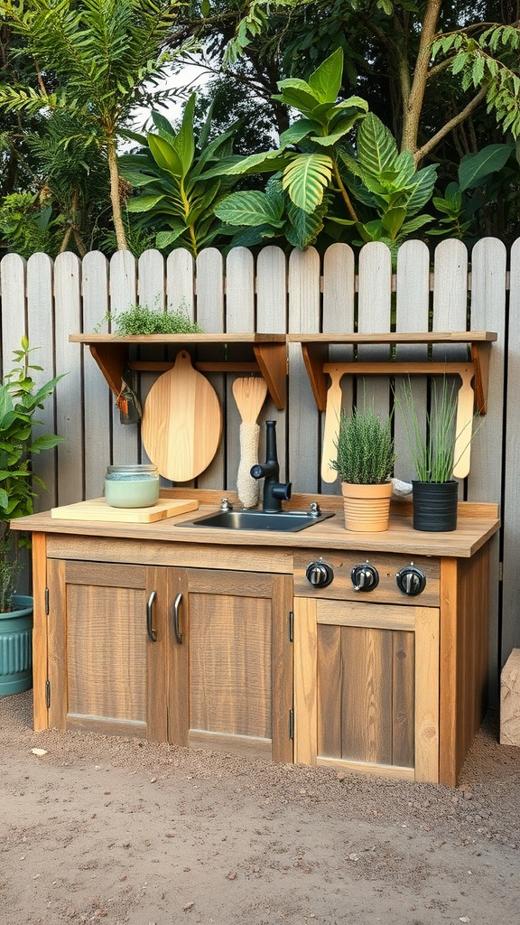 A wooden mud kitchen with a sink, shelves, and plants in a backyard.