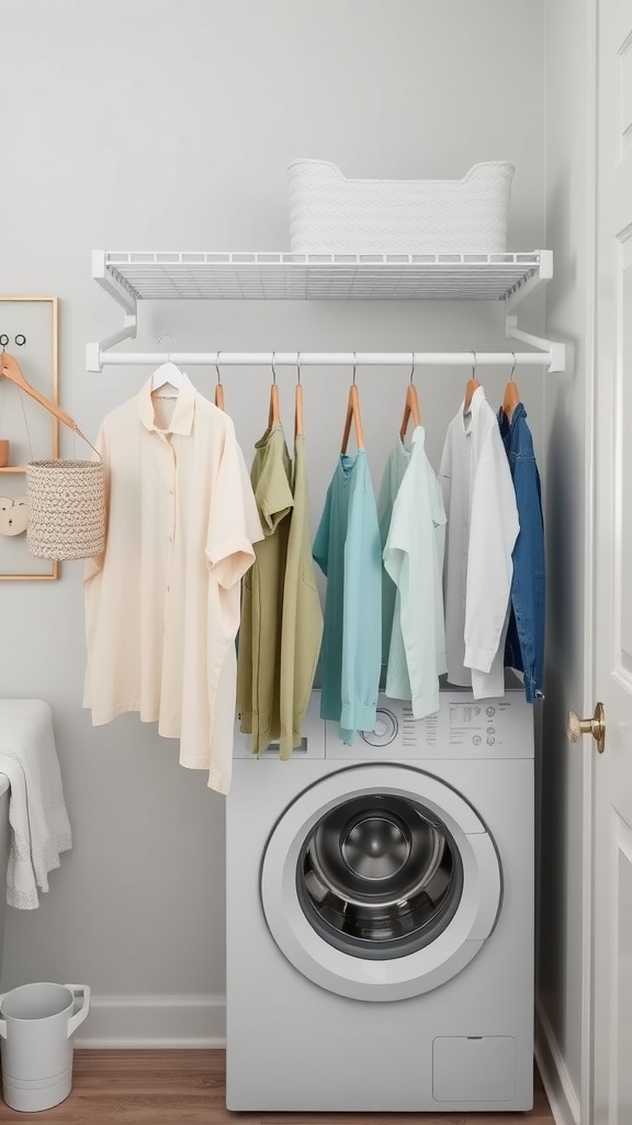 A mudroom with a drying rack holding various shirts and a washing machine