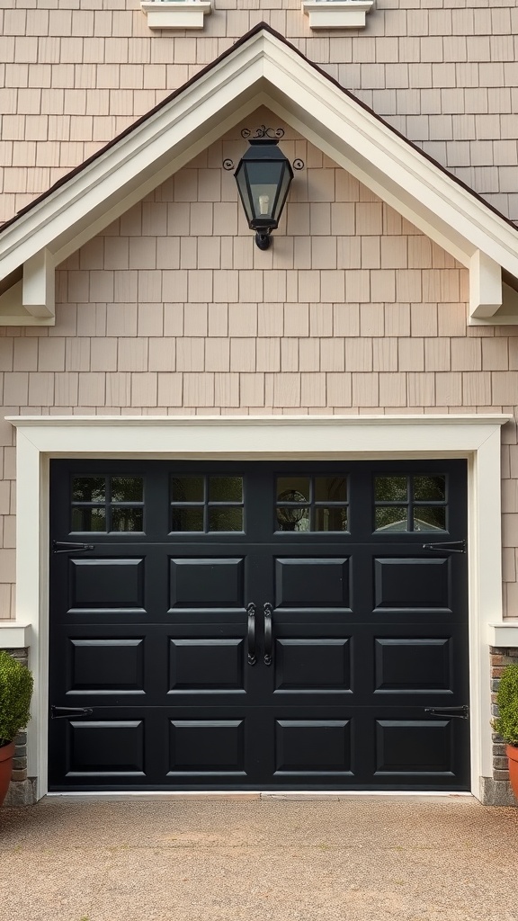 A black carriage style garage door with decorative windows and hardware, set against a light-colored shingle house.